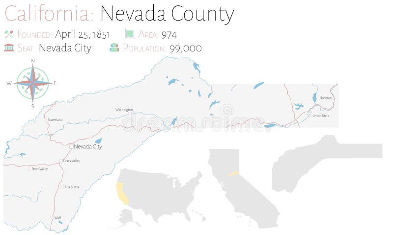 Map of Nevada County in California Stock Vector - Illustration of