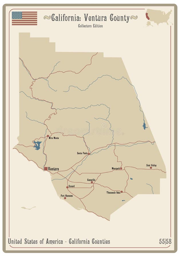 Map of Ventura County in California Stock Vector - Illustration of