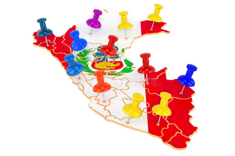 Map of Peru with colored push pins, 3D rendering vector illustration