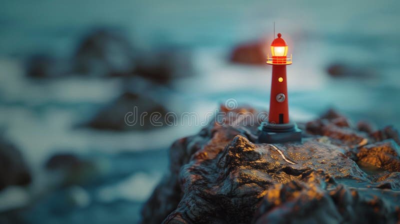 Map pin on a floating land, minuscule lighthouse glow, digital pathfinders destination , clean sharp focus stock illustration