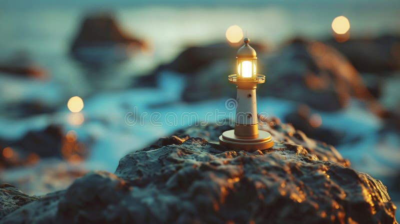 Map pin on a floating land, minuscule lighthouse glow, digital pathfinders destination , clean sharp focus vector illustration