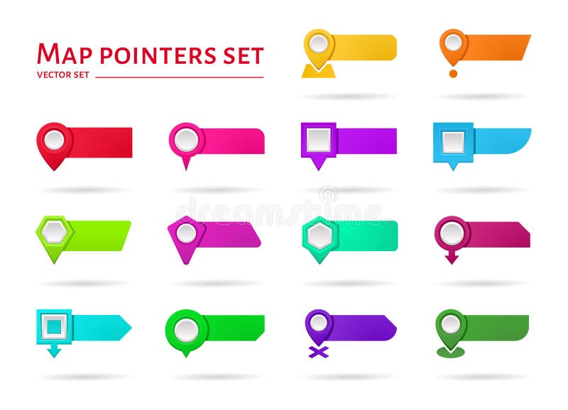 Map pins. Text marker icons. Banner pointer for title or label. Navigation point tag. Location button. Travel position vector illustration