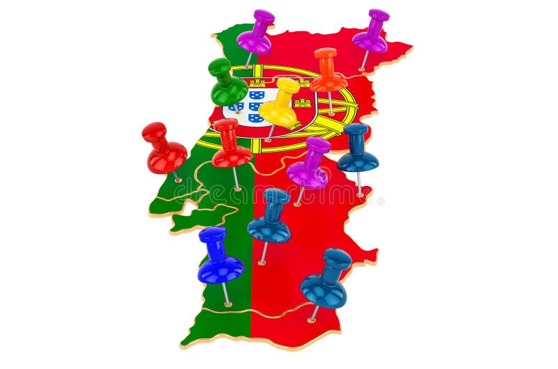 Map of Portugal with colored push pins, 3D rendering royalty free illustration