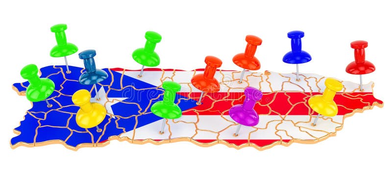 Map of Puerto Rico with colored push pins, 3D rendering stock illustration