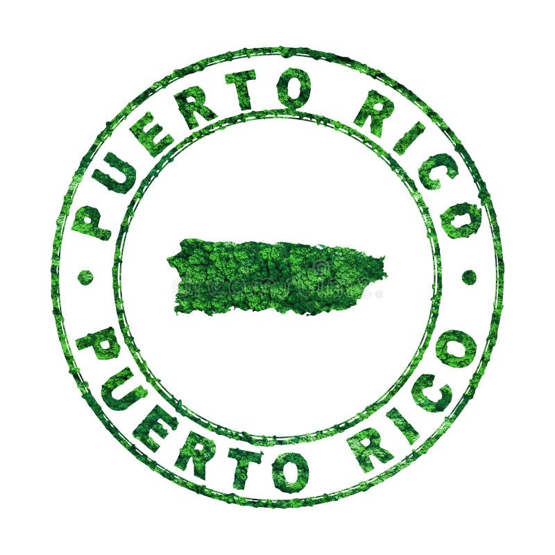 Map of Puerto Rico, Postal Stamp, Sustainable Development, CO2 Emission Concept Stock