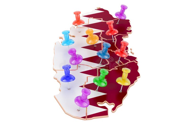 Map of Qatar with colored push pins, 3D rendering vector illustration