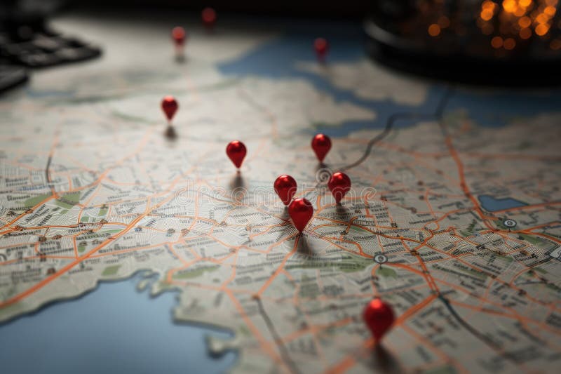 Map with red hearts on it. Valentine\'s day concept. Selective focus, Location marking with a pin on a map with visible vector illustration