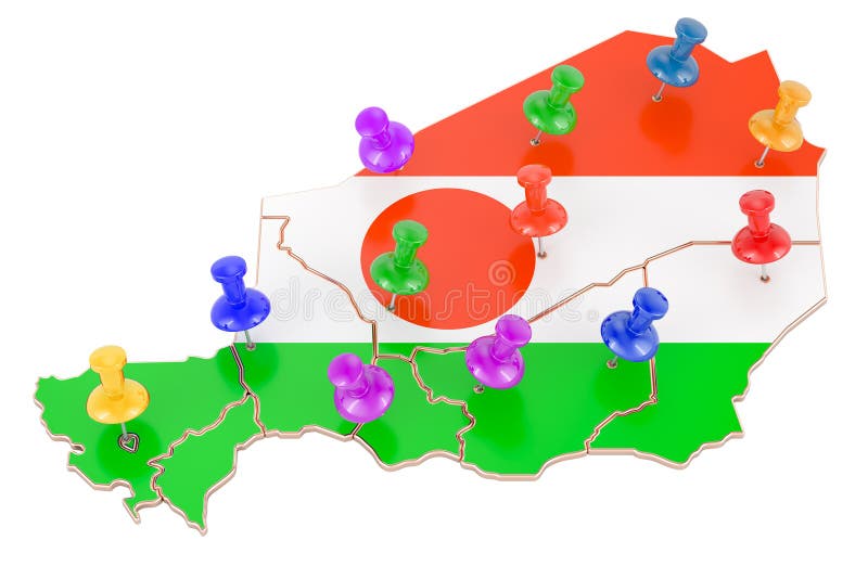 Map of republic of the Niger with colored push pins, 3D rendering vector illustration