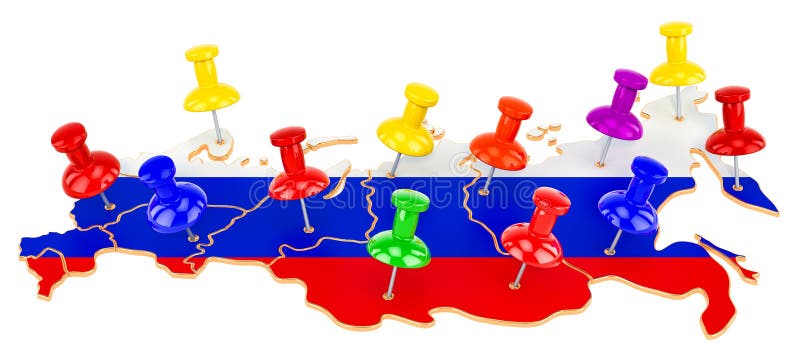 Map of Russia with colored push pins, 3D rendering royalty free illustration