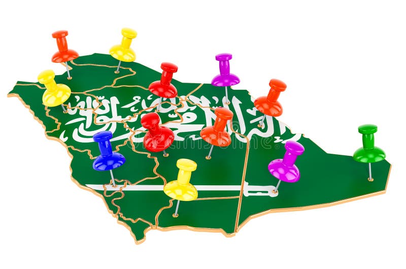 Map of Saudi Arabia with colored push pins, 3D rendering stock illustration