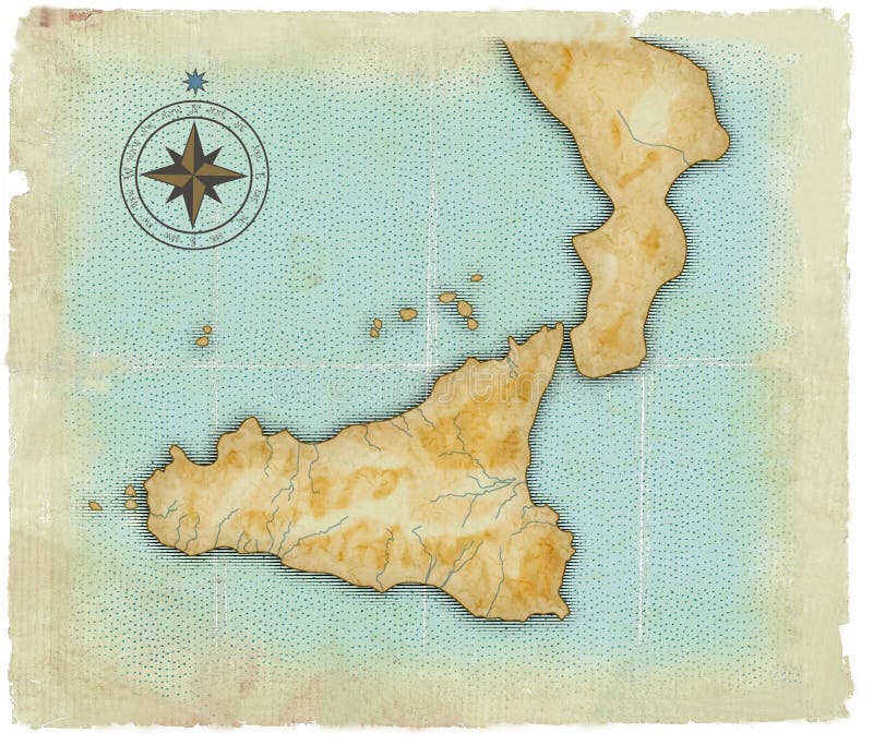 A map of Sicily is in age-old style vector illustration