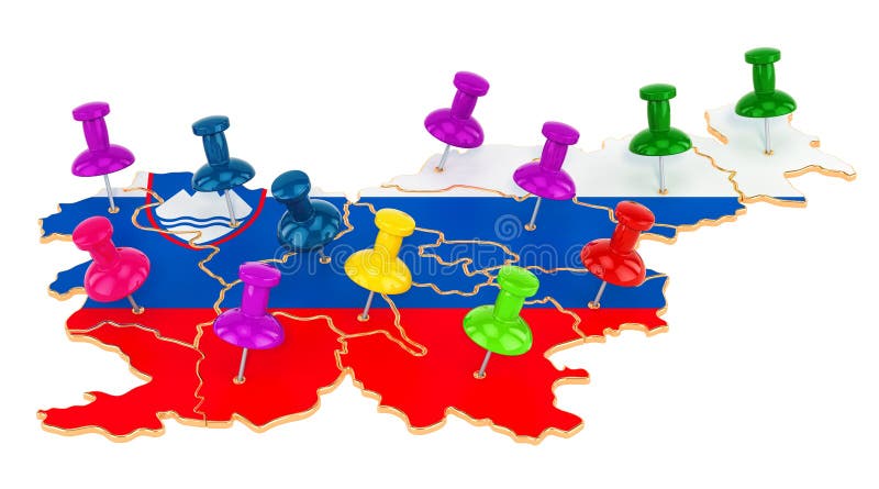 Map of Slovenia with colored push pins, 3D rendering stock illustration