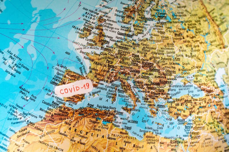 Map of Spain coronavirus contagion epidemic threat. COVID19 contagion in Spain. Planetary image. Globe view from space stock photography