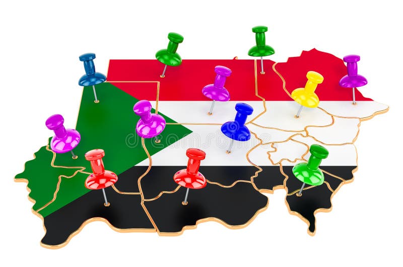 Map of Sudan with colored push pins, 3D rendering vector illustration