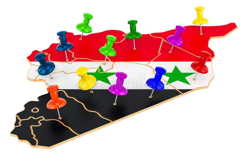 Map of Syria with colored push pins, 3D rendering stock illustration