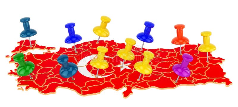 Map of Turkey with colored push pins, 3D rendering vector illustration
