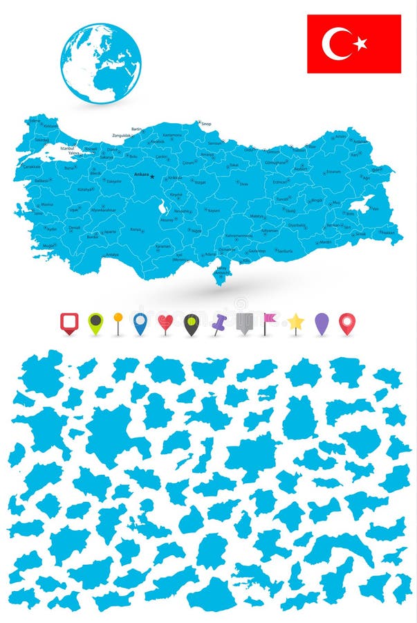 Map of Turkey with it's states and flat map pointers vector illustration