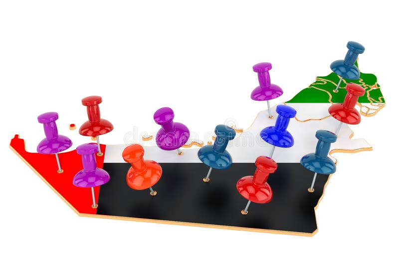 Map of the UAE with colored push pins, 3D rendering royalty free illustration