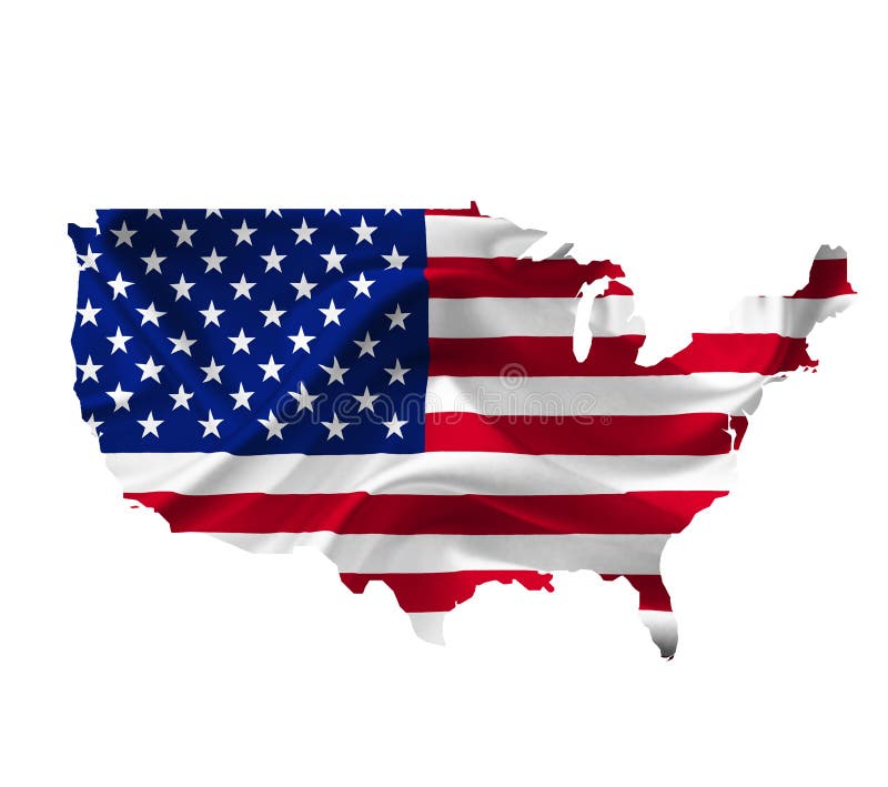 Map of United States of America with waving flag isolated on white