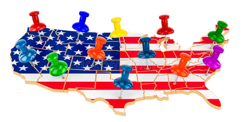 Map of the United States with colored push pins, 3D rendering stock illustration