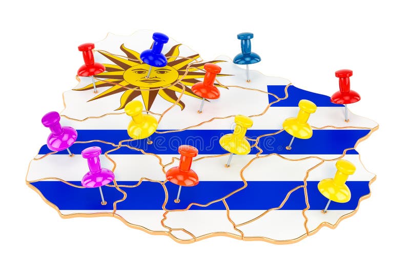 Map of Uruguay with colored push pins, 3D rendering vector illustration