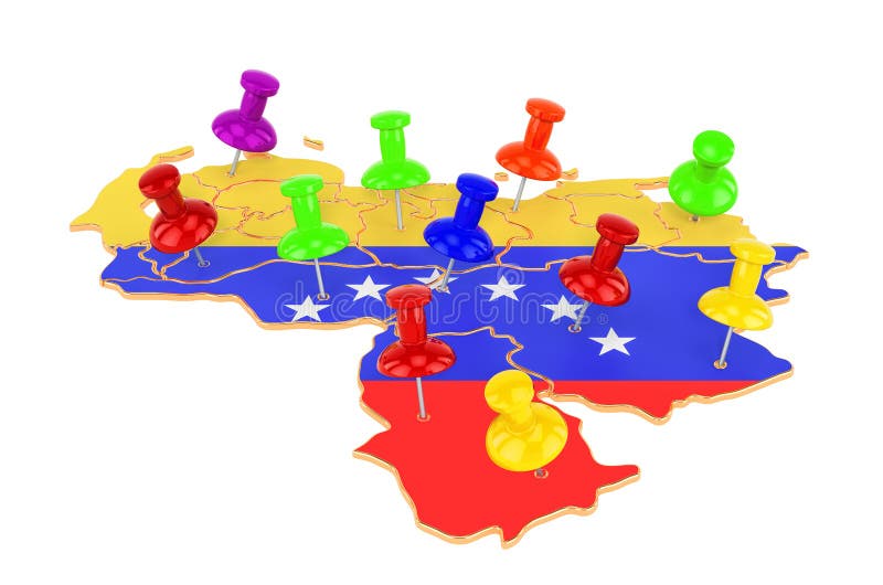 Map of Venezuela with colored push pins, 3D rendering royalty free illustration