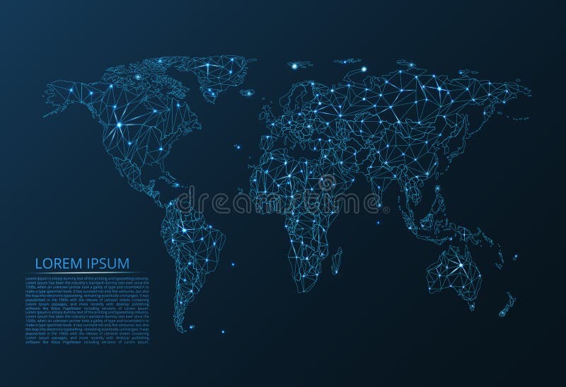Map of the world communication network. Vector low-poly image of a global map with lights in the form of cities stock images