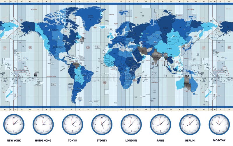 Map of the world standard time zones in blue colors vector illustration Map of the world standard time zones in blue colors vector illustration