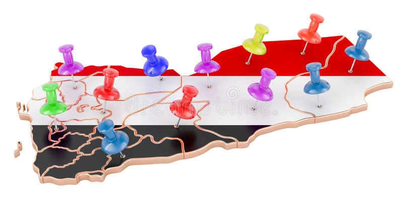 Map of Yemen with colored push pins, 3D rendering royalty free illustration