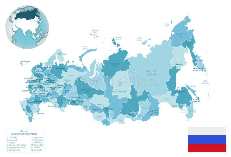 Mapa altamente detalhado da federação russa com capital de bandeira e  pequeno mapa do mundo