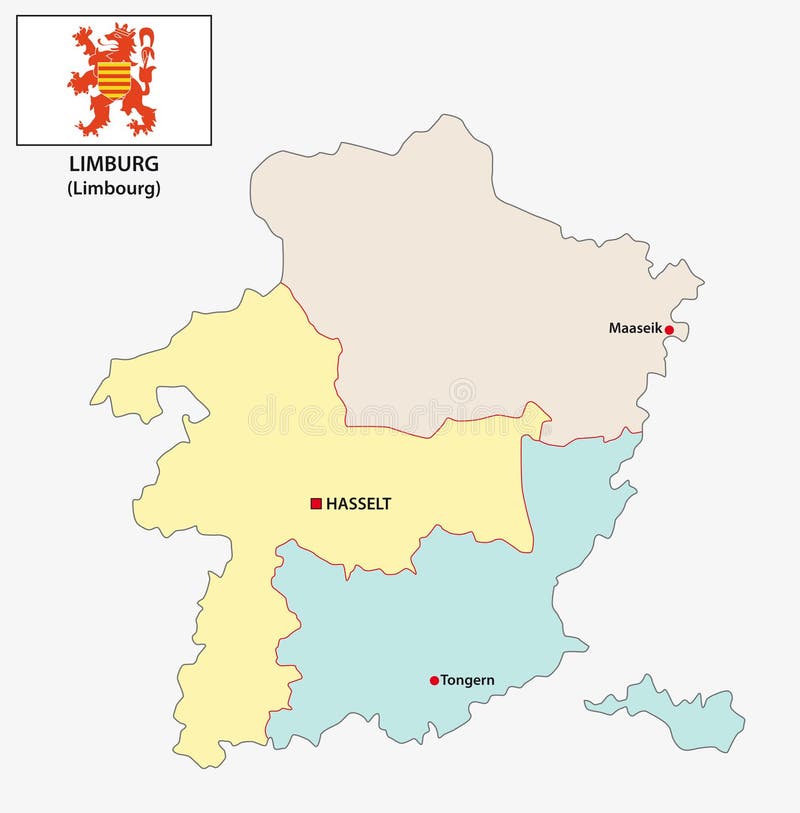 Mapa administrativo y político del vector de la provincia belga Limburgo con la bandera stock de ilustración Mapa administrativo y político del vector de la provincia belga Limburgo con la bandera stock de ilustración