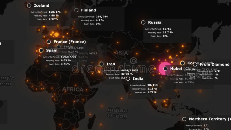 Mapa animado de la propagación del coronavirus cubre 19 pandemias de wuhan en china en todo el mundo. mapa oscuro con