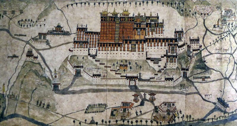 Mapa 1859 antigo de Lhasa, palácio de Potala
