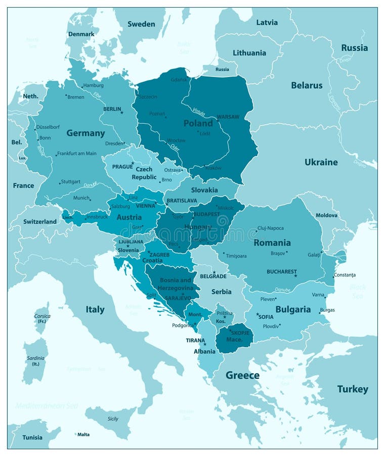 Central Europe Map Aqua Blue Colors. Vector illustration. Central Europe Map Aqua Blue Colors. Vector illustration.