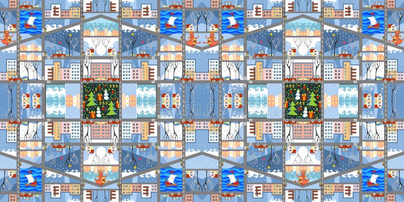 Mapa bonito dos desenhos animados Teste padrão sem emenda da cidade do inverno ilustração stock Mapa bonito dos desenhos animados Teste padrão sem emenda da cidade do inverno ilustração stock