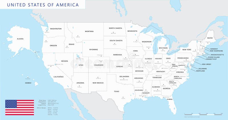 Mapa colorido de Estados Unidos com nomes e capitais