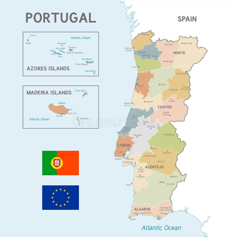 Mapa colorido de portugal com regiões e principais cidades ilustração em  vetor