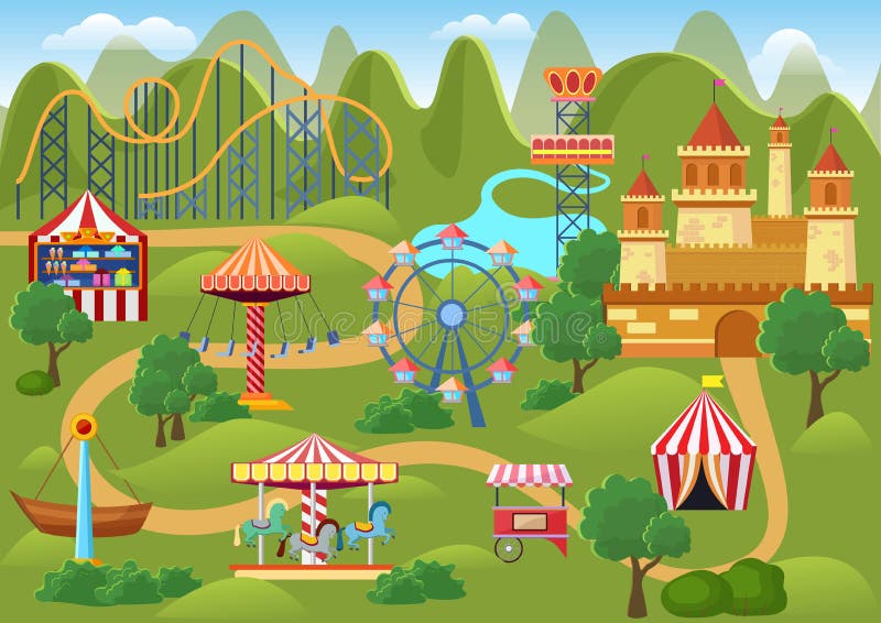 Amusement park concept landscape map with flat fairground elements, castle, mountains cartoon vector illustration. Amusement park concept landscape map with flat fairground elements, castle, mountains cartoon vector illustration