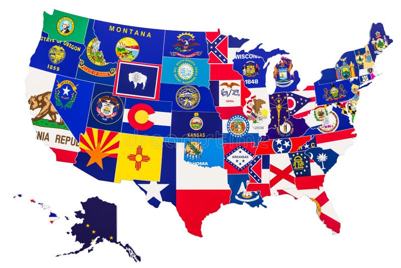 Mapa con las banderas del estado, de los Estados Unidos de América representación 3D stock de ilustración Mapa con las banderas del estado, de los Estados Unidos de América representación 3D stock de ilustración