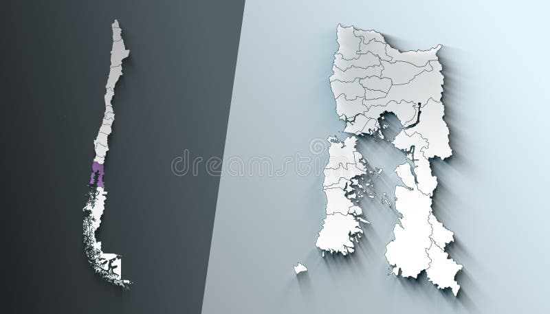 Mapa 3D minimalista da Região de Los Lagos, Chile, com fronteiras ilustração do vetor