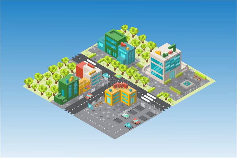 Mapa da cidade com construções e árvores no isométrico ilustração do vetor Mapa da cidade com construções e árvores no isométrico ilustração do vetor