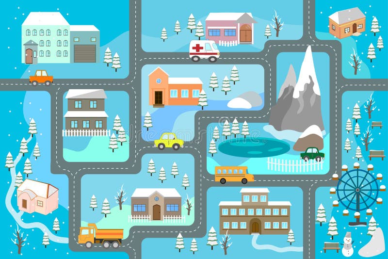 Mapa da cidade para crianças Paisagem nevado da cidade, trilha do carro - jogue a esteira