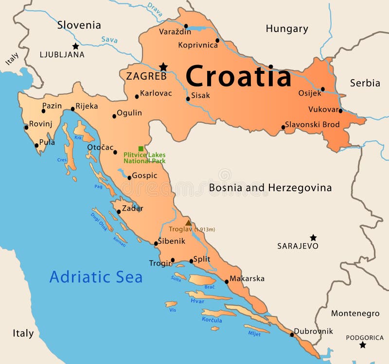 Illustration of the map of Croatia. Featuring rivers, the highest peak of the state, Plitvice National Park and main cities and islands. Illustration of the map of Croatia. Featuring rivers, the highest peak of the state, Plitvice National Park and main cities and islands.