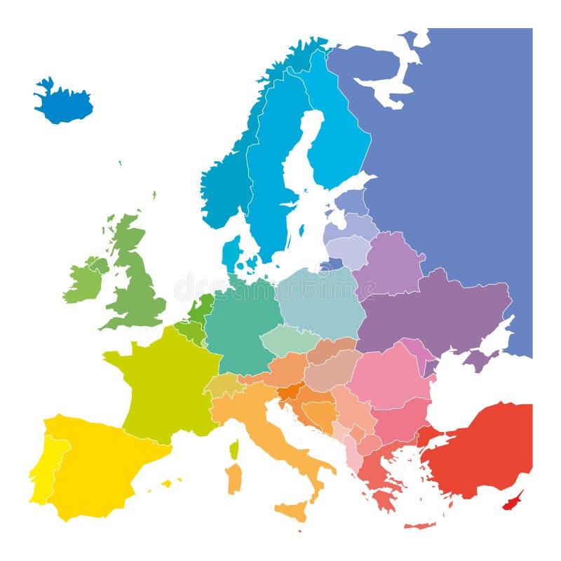 Mapa da Europa em cores do espectro do arco-íris Com nomes de países europeus