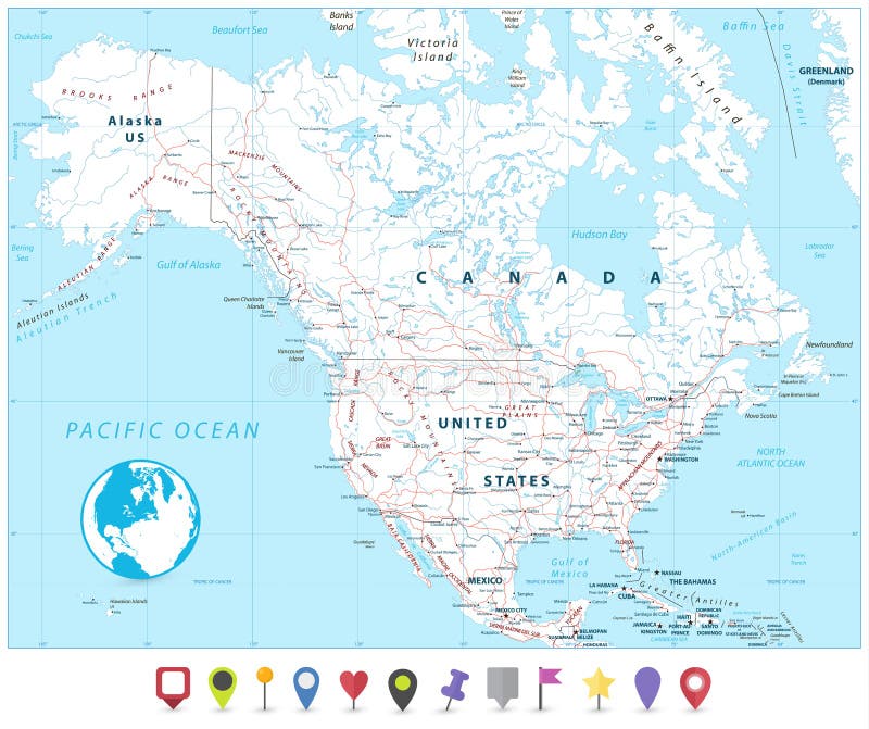 Mapa de America do Norte e ponteiros lisos do mapa