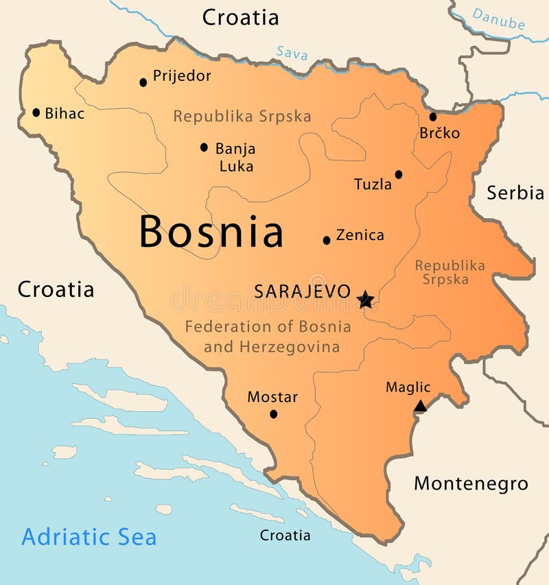 Illustration of a detailed political map of Bosnia. Illustration of a detailed political map of Bosnia.