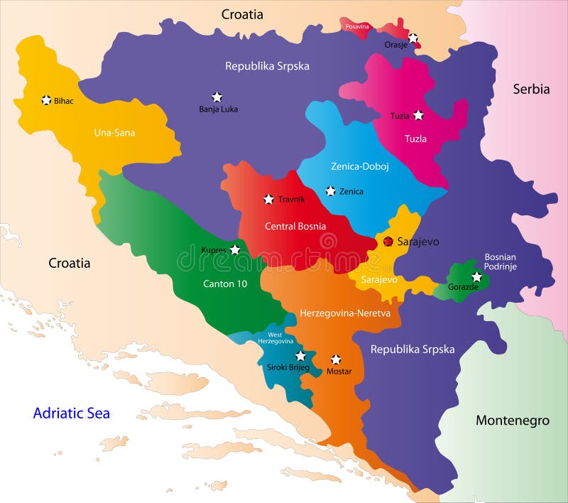 Bosnia and Herzegovina map designed in illustration with regions colored in bright colors. Vector illustration. Bosnia and Herzegovina map designed in illustration with regions colored in bright colors. Vector illustration