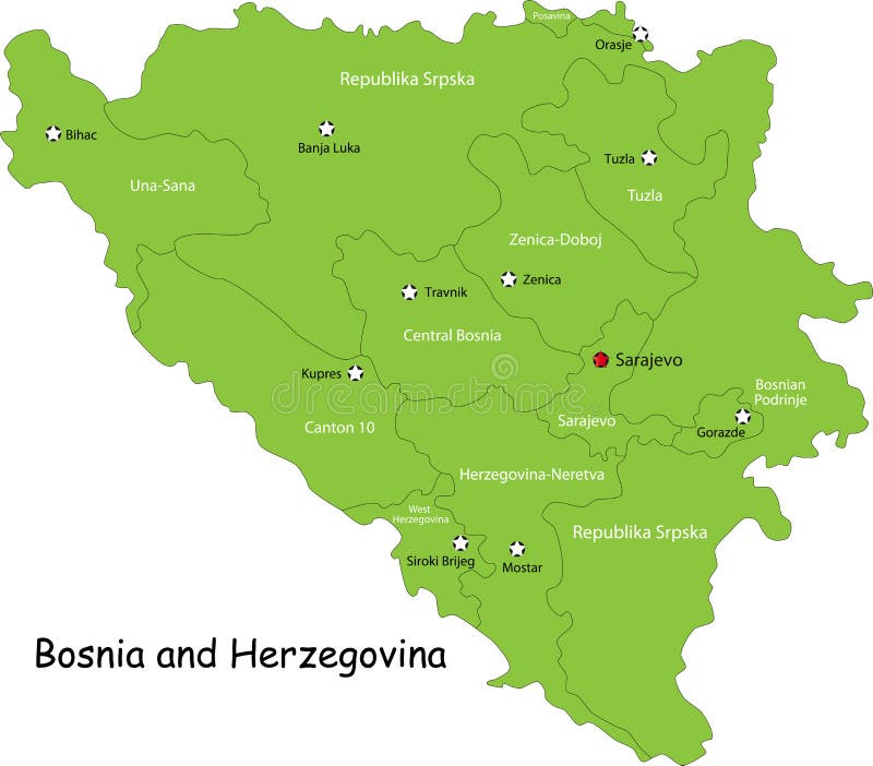 Bosnia and Herzegovina map with labeled regions, isolated on white background. Bosnia and Herzegovina map with labeled regions, isolated on white background.