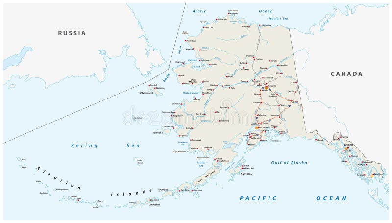 Mapa de camino del vector del estado de Alaska norteamericano, los Estados Unidos de América stock de ilustración Mapa de camino del vector del estado de Alaska norteamericano, los Estados Unidos de América stock de ilustración