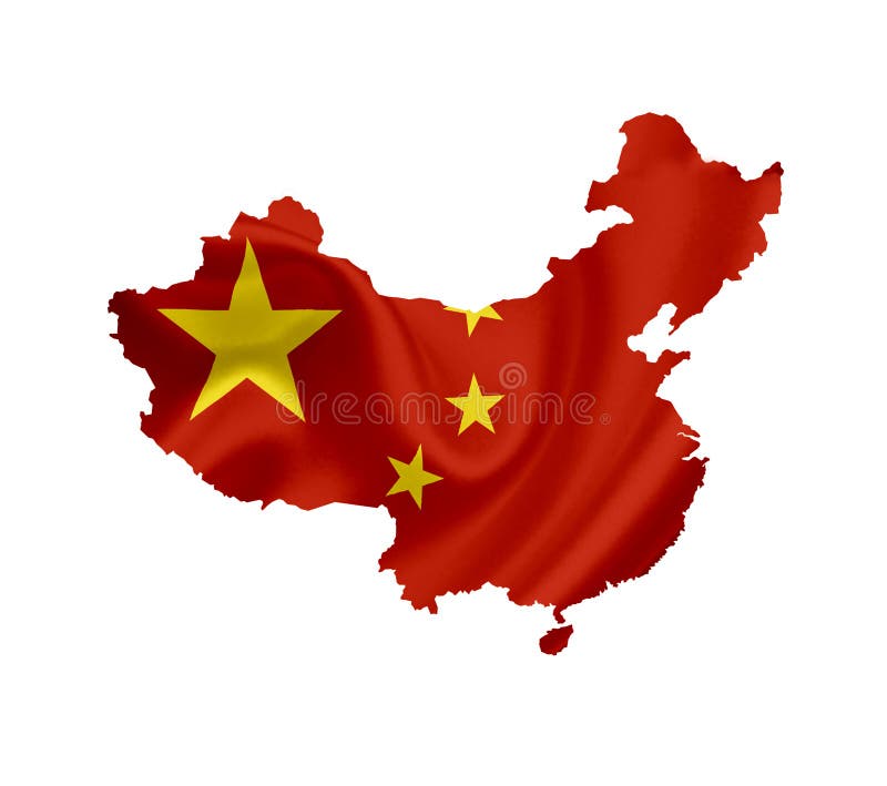 Map of China with waving flag isolated on white. Map of China with waving flag isolated on white